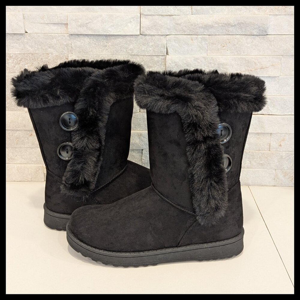 SO Abigail Faux-Fur Winter Boots, black, size 8.5